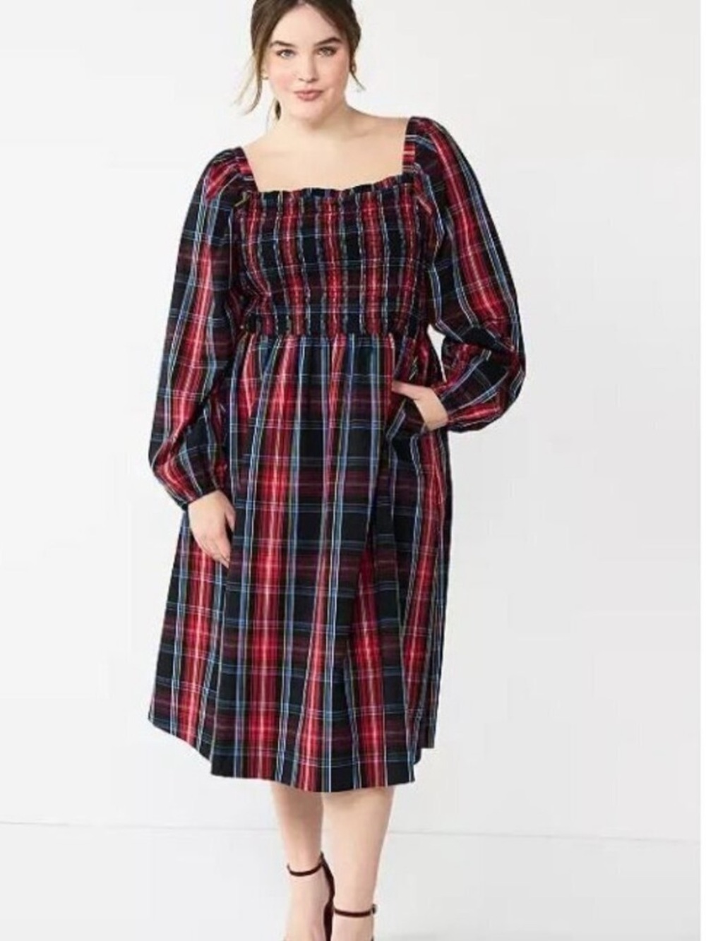 Draper James RSVP Plus Size Smocked Plaid Long-Sleeve Midi Dress